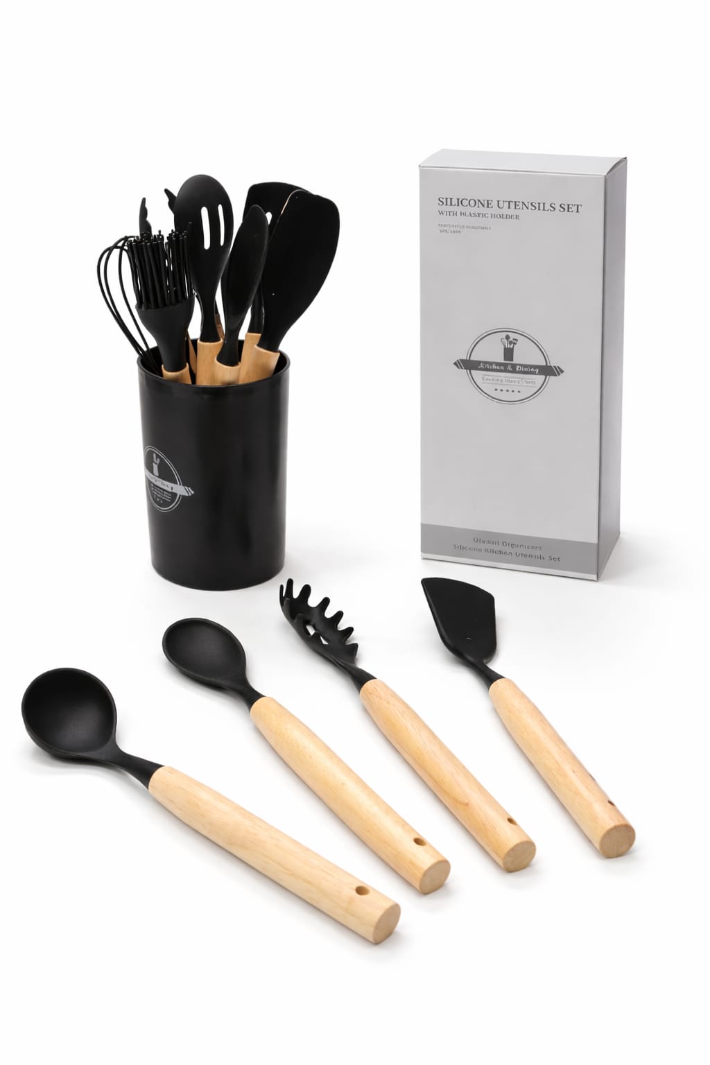 Küchenutensilien Set Schwarz mit Holzgriff